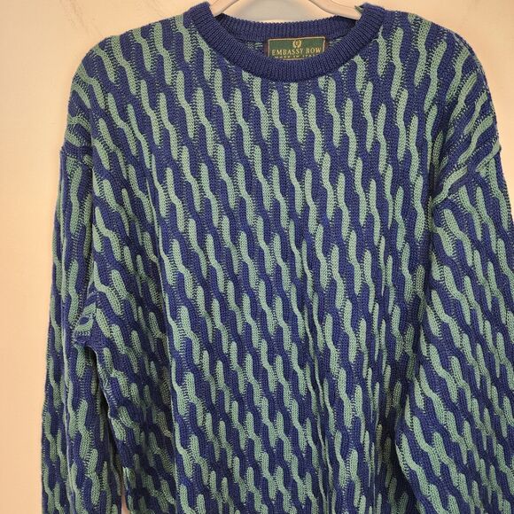 Vintage Embassy Row Geo Knit Sweater Size XL Merino Wool Blue Green Retro 80s - Picture 4 of 14